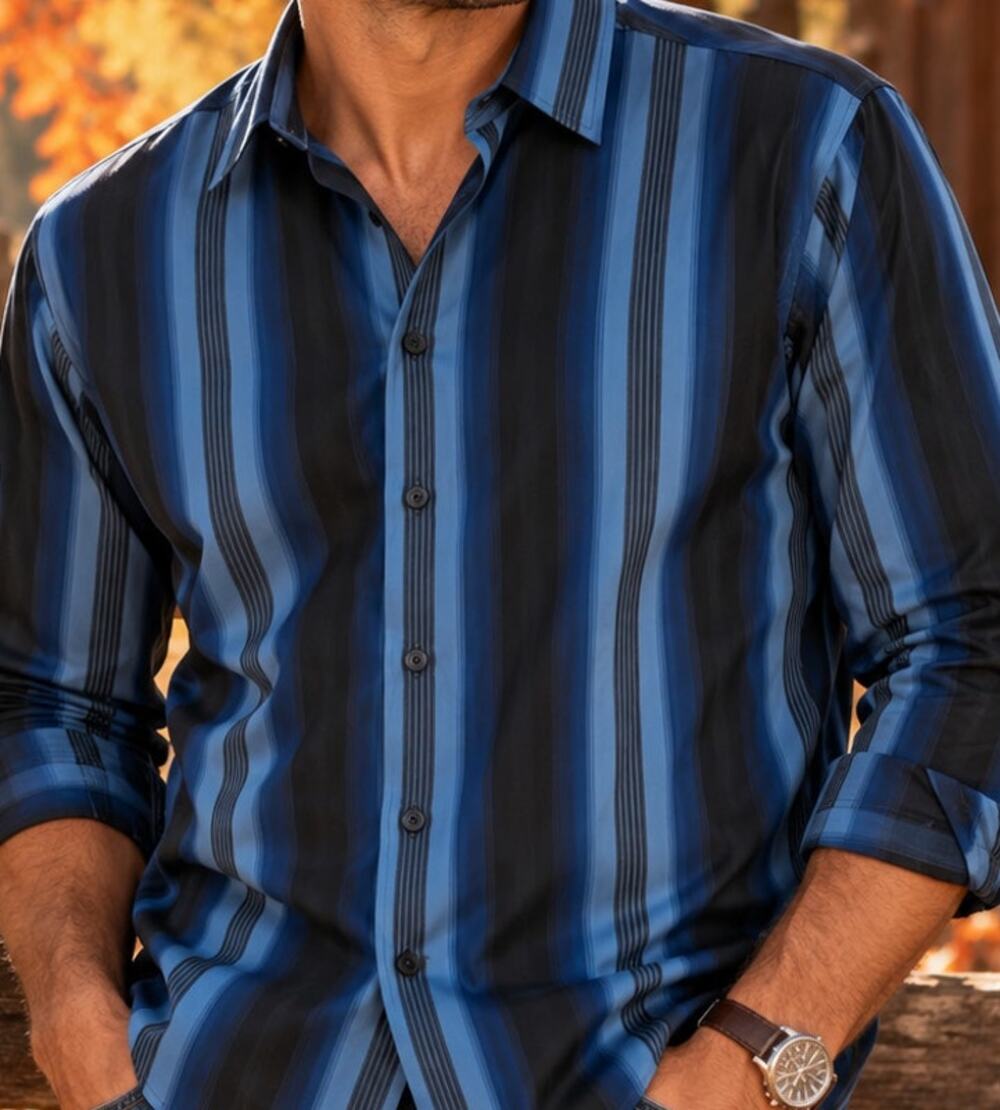 INC International Concepts Men's L Blue Black Striped Shirt Retro Y2K Sleek Bold